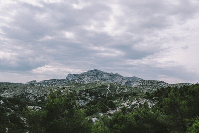 Scenic view of mountains against cloudy sky