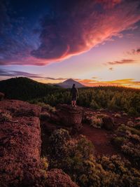 Rear view of man standing on rock against dramatic sky