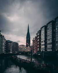 View of buildings by river against cloudy sky