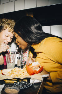 High angle view of people eating food