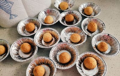 High angle view of cupcakes on table