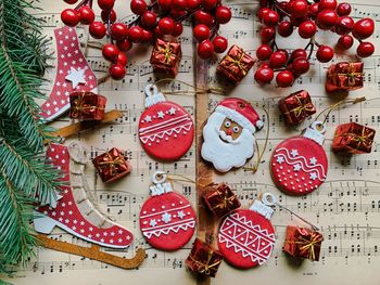 High angle view of christmas decorations on table