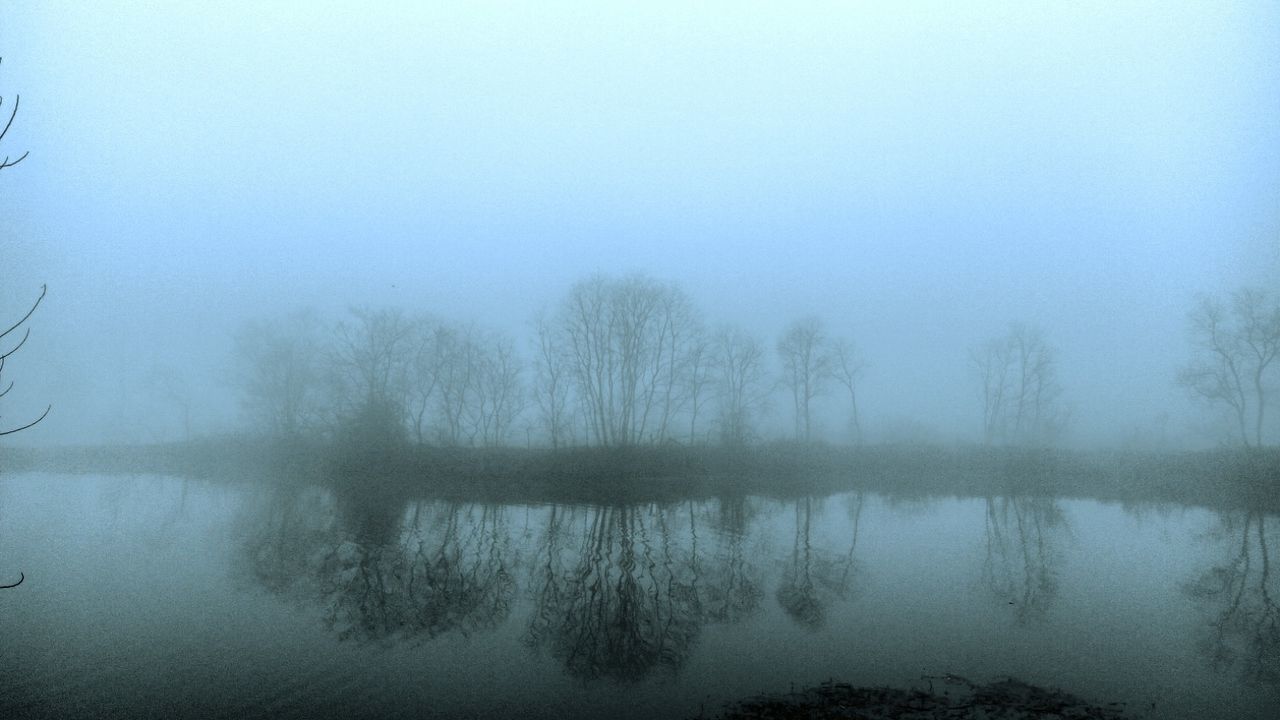 water, fog, tranquility, lake, tranquil scene, reflection, foggy, scenics, tree, beauty in nature, waterfront, nature, copy space, weather, sky, standing water, idyllic, calm, bare tree