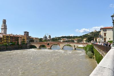 Bridge over river against buildings in city