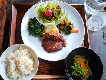 High angle view of food served on table