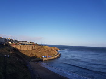 Scenic view of sea against clear blue sky