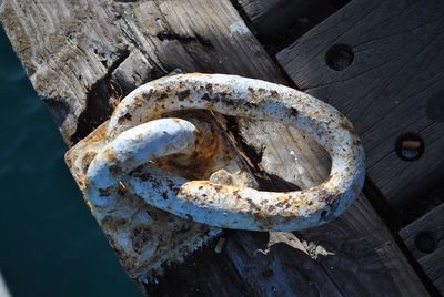 High angle view of rusty metal log