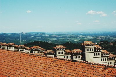 High angle shot of townscape against sky