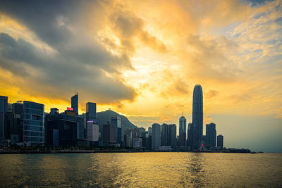 Cityscape against cloudy sky during sunset