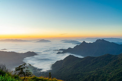 Scenic view of mountains against sky during sunset