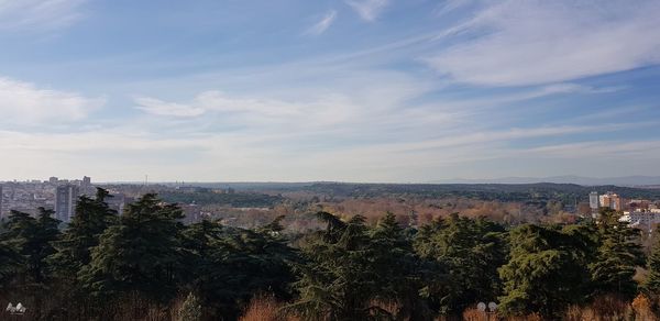 Scenic view of trees and buildings against sky