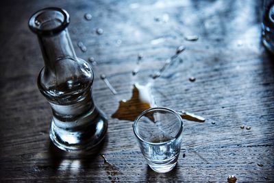 High angle view of water on table