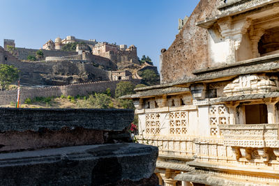 Ancient fort ruins with bright blue sky from unique perspective at morning