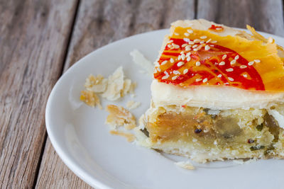 High angle view of cake in plate on table