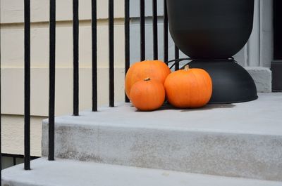 Close-up of orange pumpkins in snow