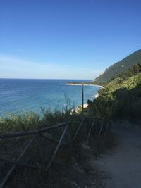 Scenic view of sea against clear blue sky