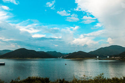 Scenic view of lake and mountains against sky