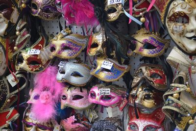 Close-up of mask for sale in market