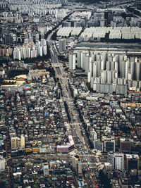 High angle view of modern buildings in city