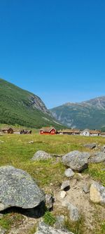 Scenic view of landscape against clear blue sky