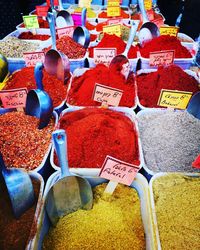 High angle view of spices for sale at market stall