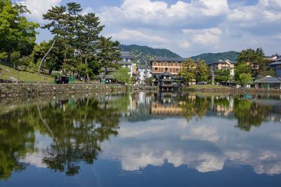 Scenic view of lake by buildings against sky