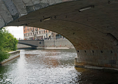 Bridge over river by buildings in city