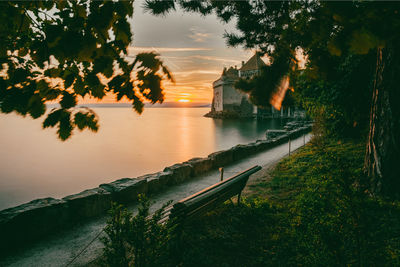 Castle, lake, bench