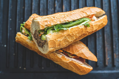 Directly above shot of bread on barbecue grill