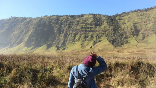 Rear view of person on landscape against sky