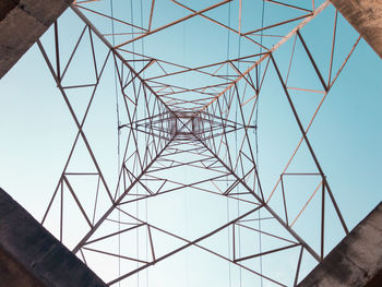 Low angle view of electricity pylon against clear sky