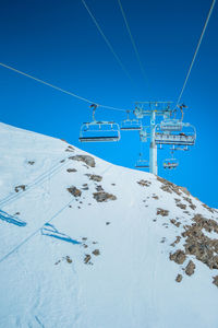 Overhead cable car in snow covered mountains against blue sky