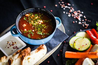 High angle view of soup in bowl on table