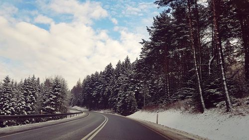 Road amidst trees in forest against sky during winter