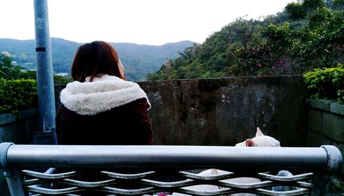 Rear view of woman sitting on bench with pet