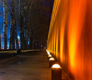 Illuminated road amidst trees at night