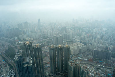 High angle view of modern buildings in city