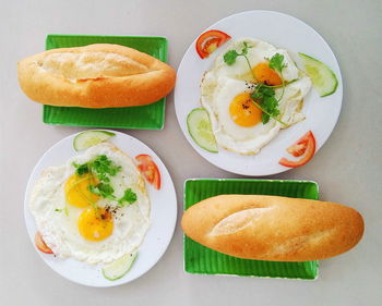 High angle view of breakfast served on table