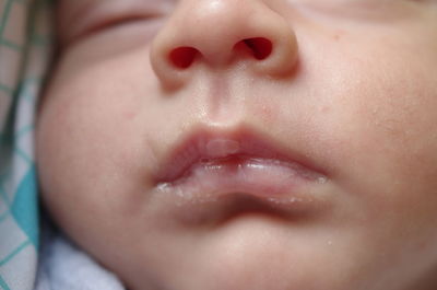 Cropped newborn baby sleeping at home