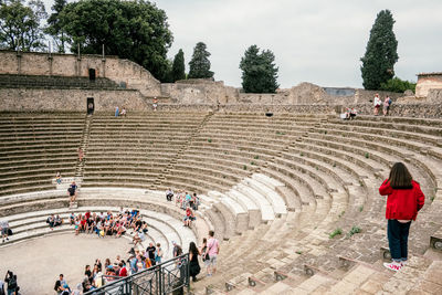 High angle view of tourists at historical building