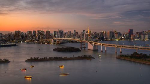 Scenic view of river and buildings against sky during sunset