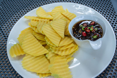 High angle view of breakfast served on table