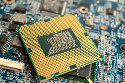 Cpu, central processor unit chip chip on circuit board in pc and laptop computer technology.