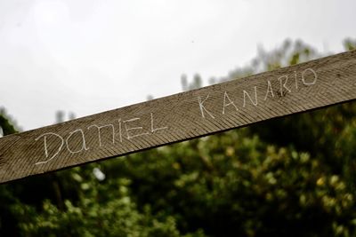 Low angle view of text on wet wood against sky