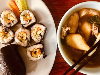 Directly above shot of sushi served on table