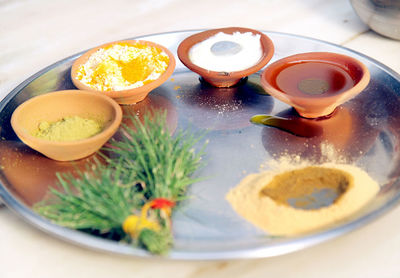 High angle view of food in plate on table