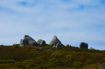 Rock formations on landscape against sky