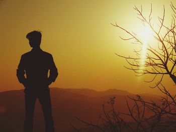 Silhouette man standing by tree against sky during sunset