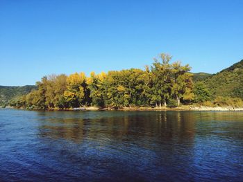 Scenic view of calm lake against clear sky