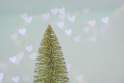 Close-up of christmas tree figurine with heart shape lights against wall